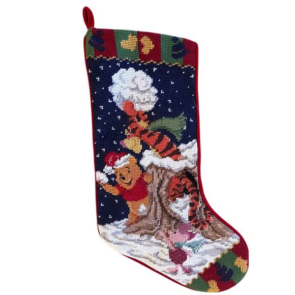 Vintage 90s Disney Winnie Pooh 100 Acre Tapestry Needlepoint Xmas Stocking - Picture 1 of 6